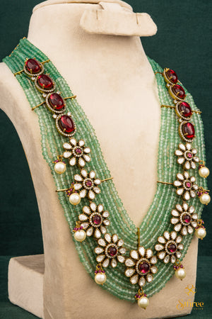 Zircon and Flower Haram - Antique Finish Gold with Green Beads