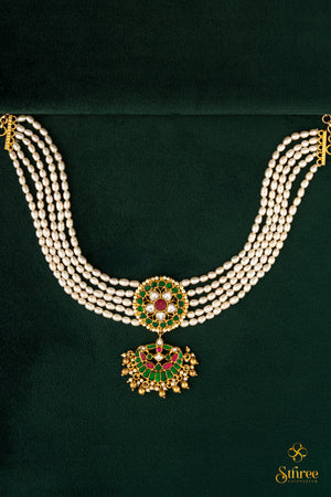 925 Silver Fresh Water Pearls Choker - Emerald green with Kemp red