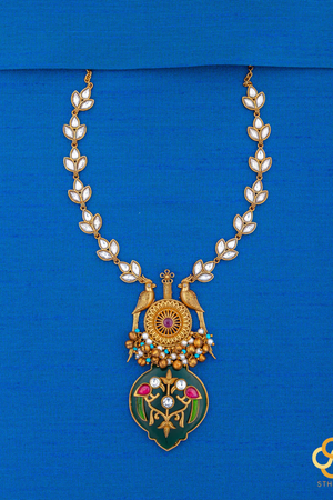 Jadau Kundan Necklace - Handmade Parrot Pendant in Green Onyx