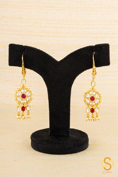 Jadau Kundan hook earrings - White and Ruby red