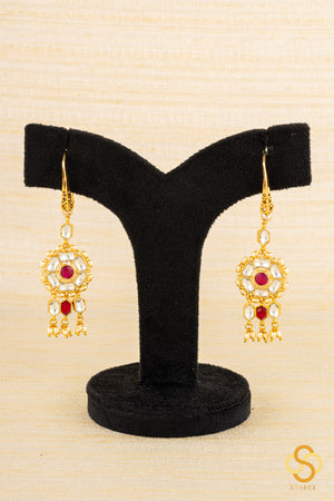 Jadau Kundan hook earrings - White and Ruby red