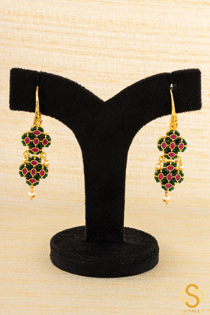 Jadau Kundan Hook earrings - Emerald Green and Ruby Red stones