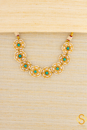 Jadau Kundan Choker - White and Turquoise Centre Stones