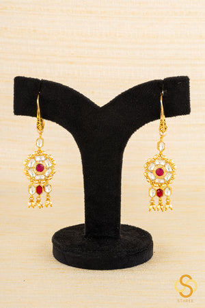 Jadau Kundan hook earrings - White and Ruby red