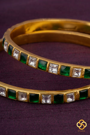 White and Emerald Green square bangles - Set of 2