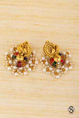Mayil Jhumkas - Navarathna with Pearls