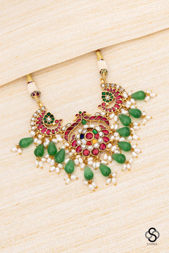 Double Peacock Pendent with Green Beads Choker - Navarathna