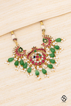 Double Peacock Pendent with Green Beads Choker - Navarathna