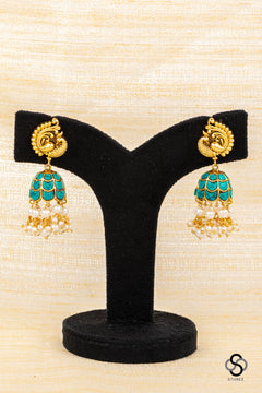 Mayil Jhumkas - Turquoise with Pearls