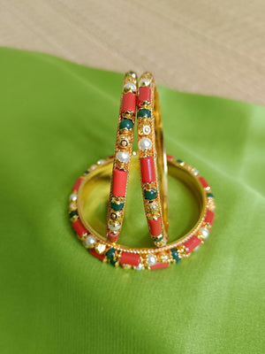 Coral, pearl and emerald green bangles