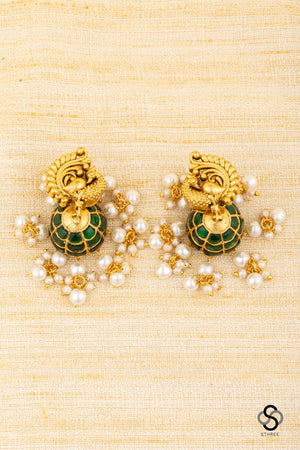 Mayil Jhumkas - Emerald green with Pearls
