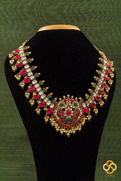 Jadau Kundan with Mayil Pendent Necklace - Ruby Red and Emerald Green