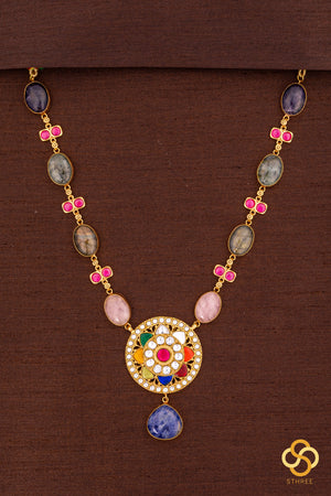 Multi colour cabachon necklace set with Navarathna pendant