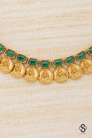 Lakshmi coins with rectangular stone - Emerald green