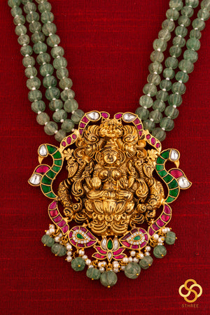 Lakshmi haram with three line green beads