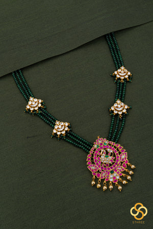 Mayil pendent with green beads - Ruby red with Emerald green