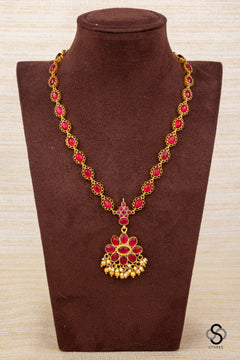 925 Silver - Ambujam - Palakkadu Necklace with Gold Balls and Pearls Hanging