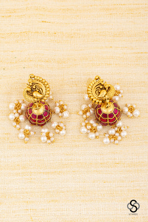 Mayil Jhumkas - Ruby red with Pearls