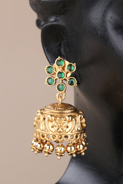 Seven Stone Diamond Pattern with Gold Jhumkas - Green