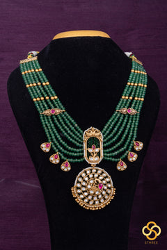 Emerald green (7 liner) with Jadau kundan pendant - White mogappu