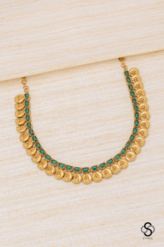 Lakshmi coins with rectangular stone - Emerald green