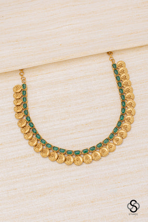 Lakshmi coins with rectangular stone - Emerald green
