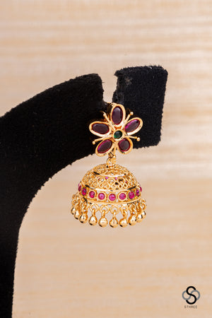 Five stone jhumkas with ruby pink