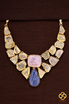 Druzy Raw Stone Necklace - Citrine Yellow with Pink and Blue