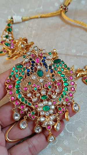 Kundan necklace set - Double peacock, with jhumkas
