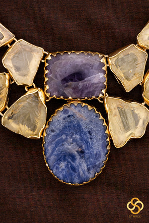 Druzy Raw stone necklace - Citrine yellow with blue