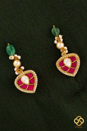 Two-liner pearls with a chandbali pendant - Ruby red and Emerald green