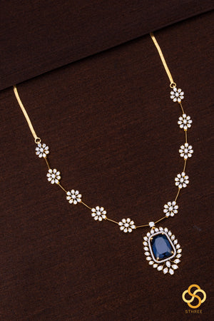 Diamond Pattern Necklace with Sapphire Blue Pendant