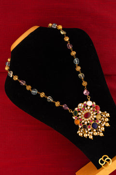 Navarathna pendant in Gold ball and Multi colour stone