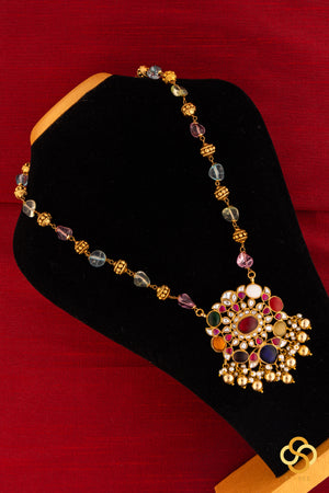 Navarathna pendant in Gold ball and Multi colour stone