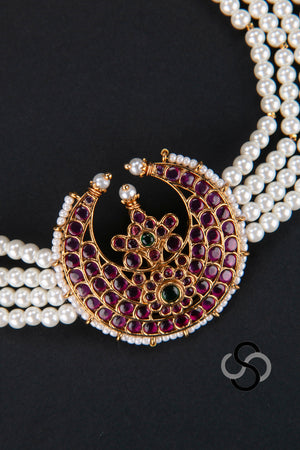 Pearl choker - 4 lines - Chandbali Pendant in Kemp Red