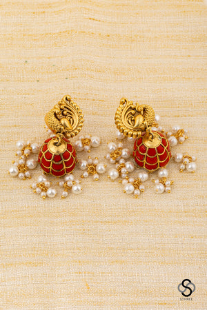 Mayil Jhumkas - Coral with Pearls