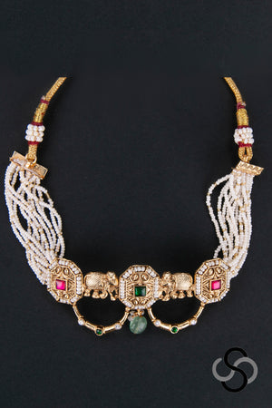 Pearl Choker with Jadau Kundan Pendant and Elephants