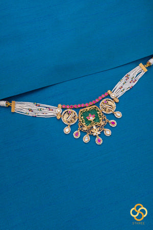 Pearl Choker in Jadau Kundan Pendant - Emerald Green with Ruby Pink