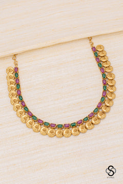 Lakshmi coins with rectangular stone - Ruby red and Emerald green