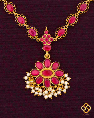 Ambujam - Palakkadu Necklace in Pure Silver with Pearls Hanging