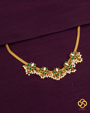 Five lotus necklace set - Emerald green with pearls