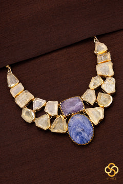 Druzy Raw stone necklace - Citrine yellow with blue