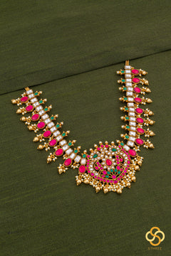 Jadau kundan with Mayil pendent Necklace - Ruby red and Emerald green