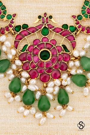 Double Peacock Pendent with Green Beads Choker - Ruby Red