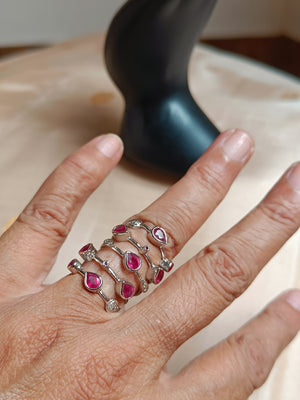 Spring ring - five lines, pure silver and rubies