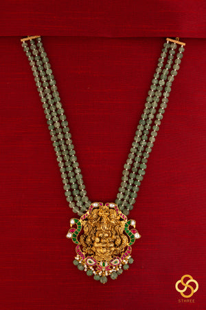 Lakshmi haram with three line green beads