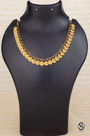 Lakshmi coins with rectangular stone - Ruby red and Emerald green