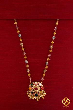 Navarathna pendant in Gold ball and Multi colour stone