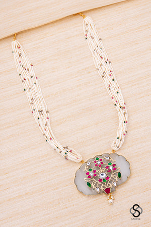 Pearl bunch with inlay work pendant - Ruby red