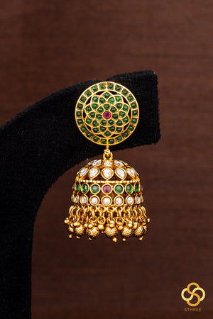 Jhumkas - Emerald green and white uncut